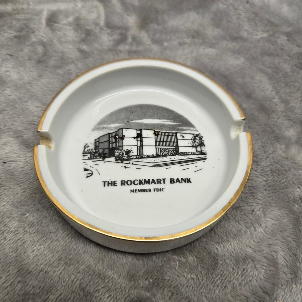 Vintage The Rockmart Bank Georgia Ceramic Ashtray Gold Rim Collectible 4 Inch